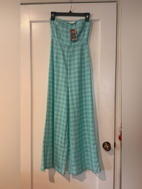 Hawaii's Finest Aqua Plaid Strapless Jumpsuit